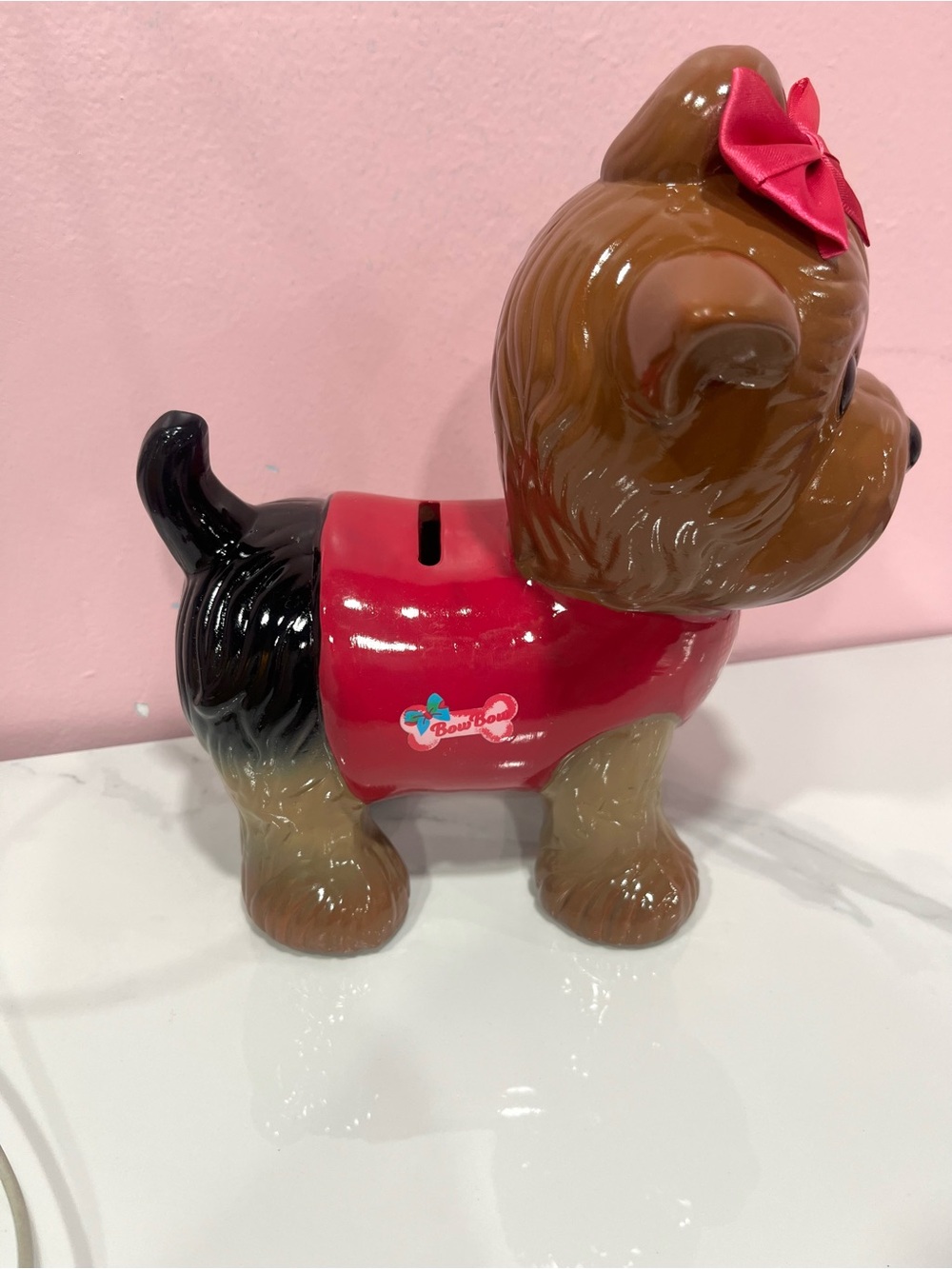 Jojo Brown & Black Dog Savings Bank with Red Outfit
